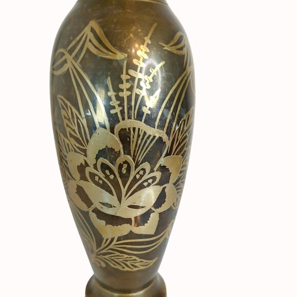 Vintage Solid Brass Etched Floral Design Vase Made In India - 13.75" Tall - Picture 2 of 7